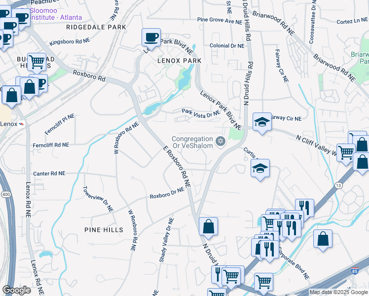 map of restaurants, bars, coffee shops, grocery stores, and more near 2082 Wrights Mill Circle Northeast in Atlanta