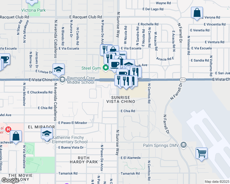 map of restaurants, bars, coffee shops, grocery stores, and more near 1515 North Sunrise Way in Palm Springs