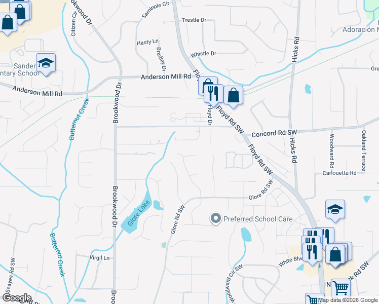 map of restaurants, bars, coffee shops, grocery stores, and more near 1164 Fleming Trail in Mableton
