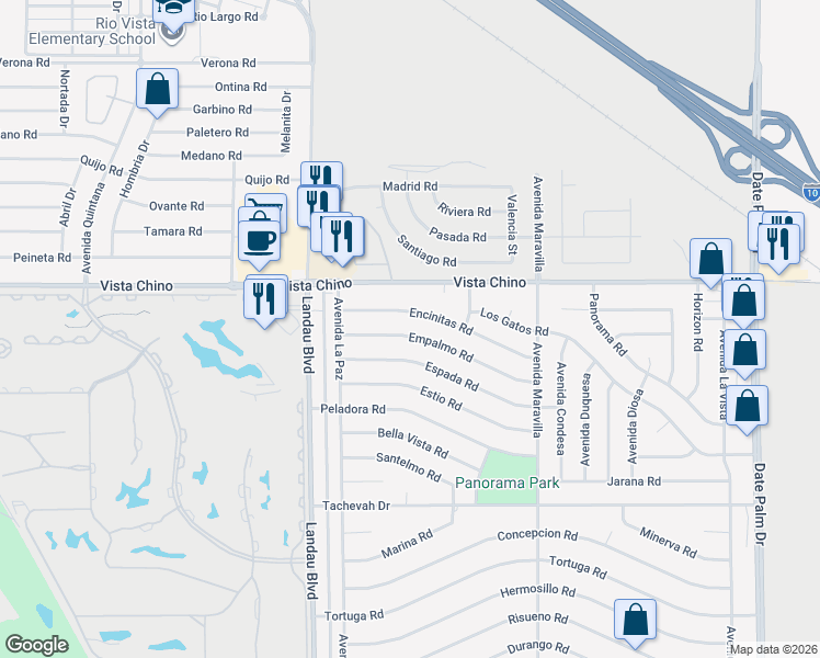 map of restaurants, bars, coffee shops, grocery stores, and more near 68120 Empalmo Road in Cathedral City