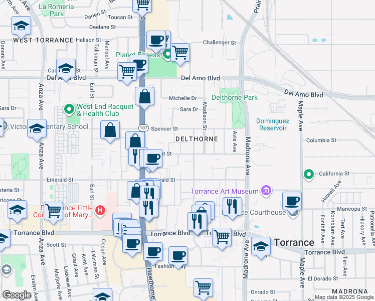 map of restaurants, bars, coffee shops, grocery stores, and more near 3618 Garnet Street in Torrance