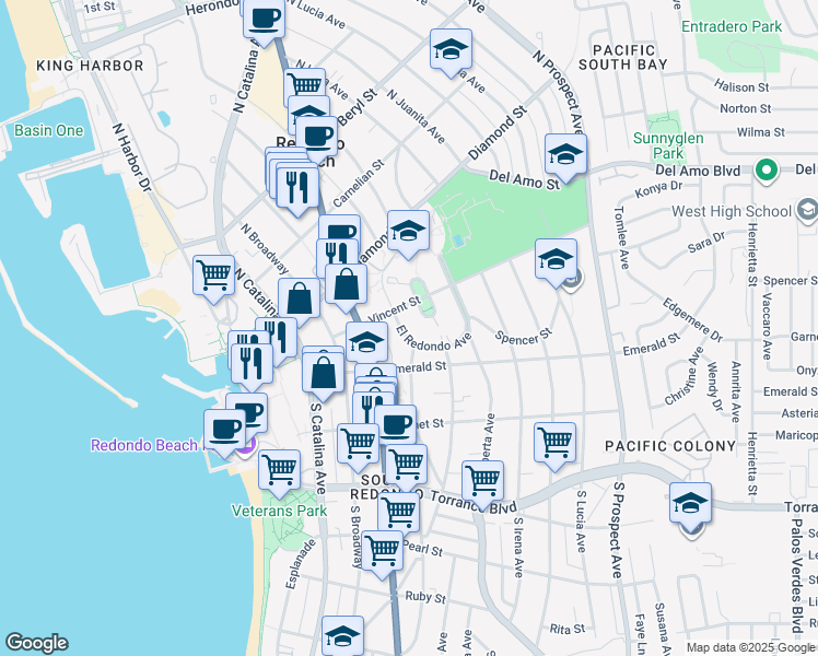 map of restaurants, bars, coffee shops, grocery stores, and more near 808 El Redondo Avenue in Redondo Beach