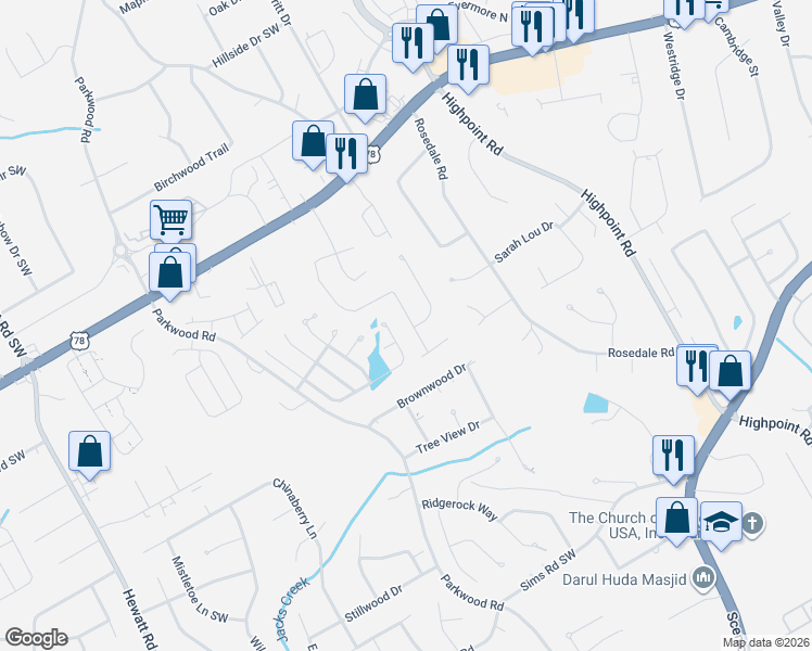map of restaurants, bars, coffee shops, grocery stores, and more near 2381 Boone Place in Snellville