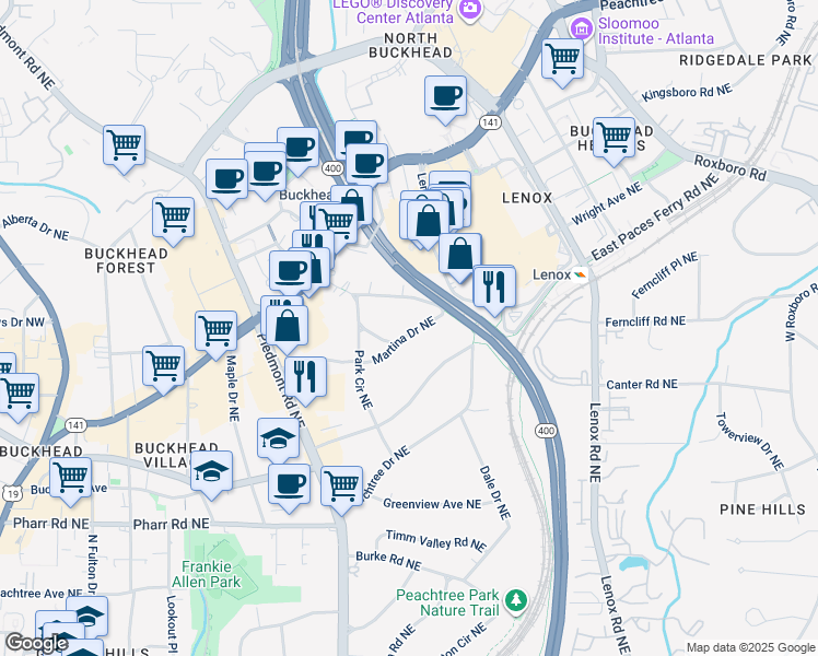 map of restaurants, bars, coffee shops, grocery stores, and more near 756 Martina Drive Northeast in Atlanta