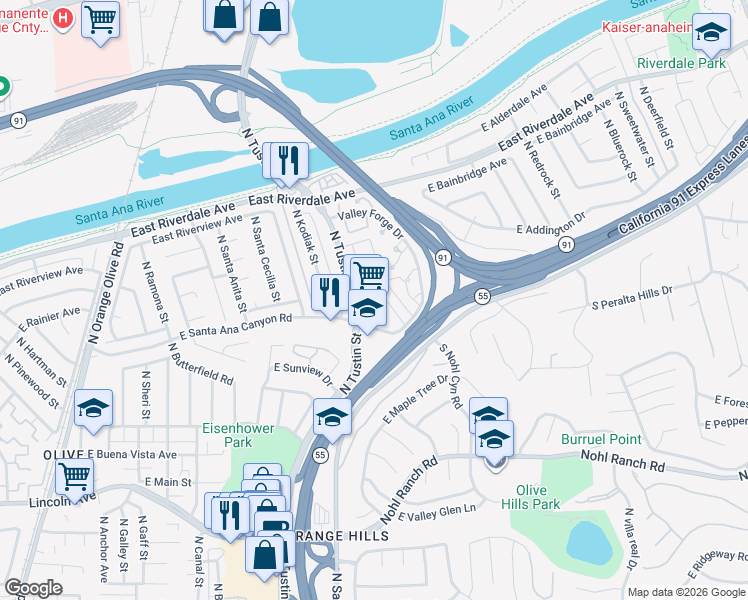 map of restaurants, bars, coffee shops, grocery stores, and more near 124 North Tustin Avenue in Anaheim