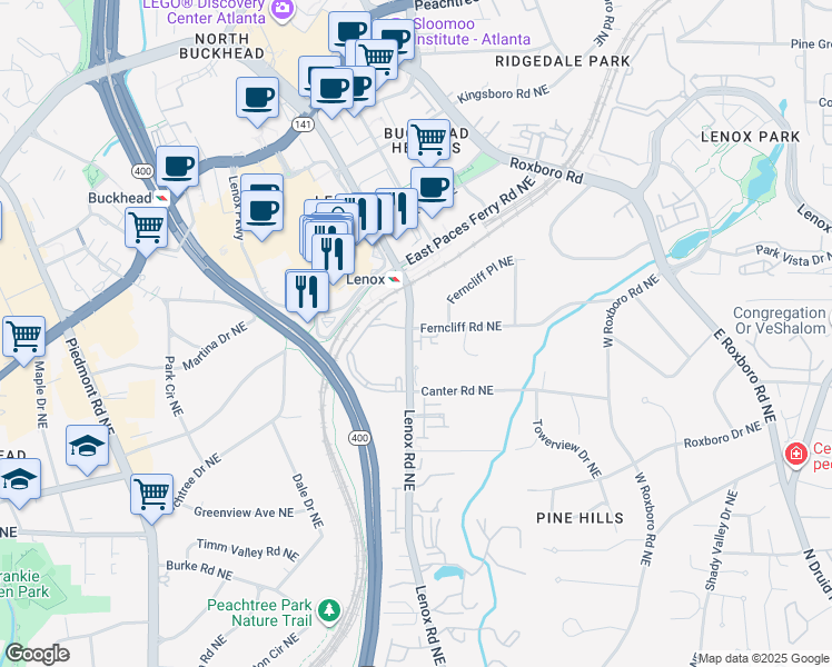 map of restaurants, bars, coffee shops, grocery stores, and more near 3200 Lenox Road Northeast in Atlanta