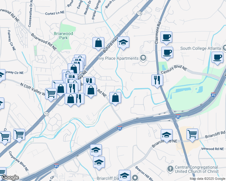 map of restaurants, bars, coffee shops, grocery stores, and more near 1750 Briarwood Road Northeast in Atlanta
