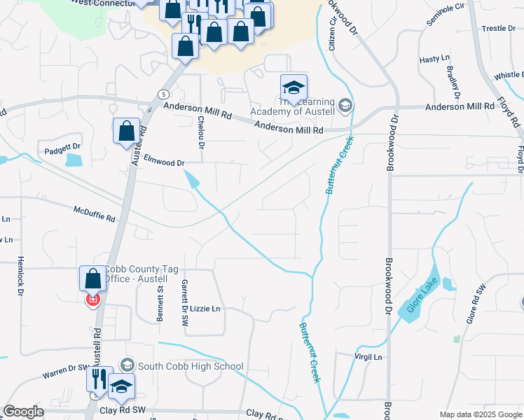 map of restaurants, bars, coffee shops, grocery stores, and more near 1631 Glenn Place in Mableton