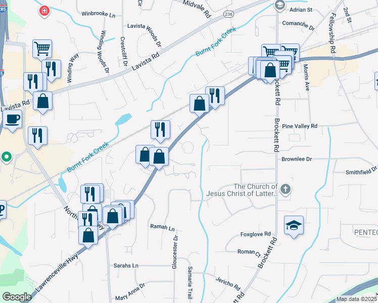 map of restaurants, bars, coffee shops, grocery stores, and more near 3555 Lawrenceville Highway in Tucker