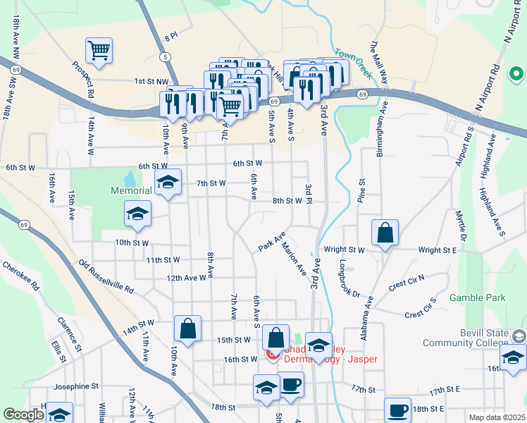 map of restaurants, bars, coffee shops, grocery stores, and more near Glenview Drive in Jasper