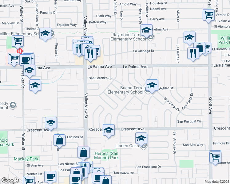 map of restaurants, bars, coffee shops, grocery stores, and more near 6284 San Ramon Way in Buena Park