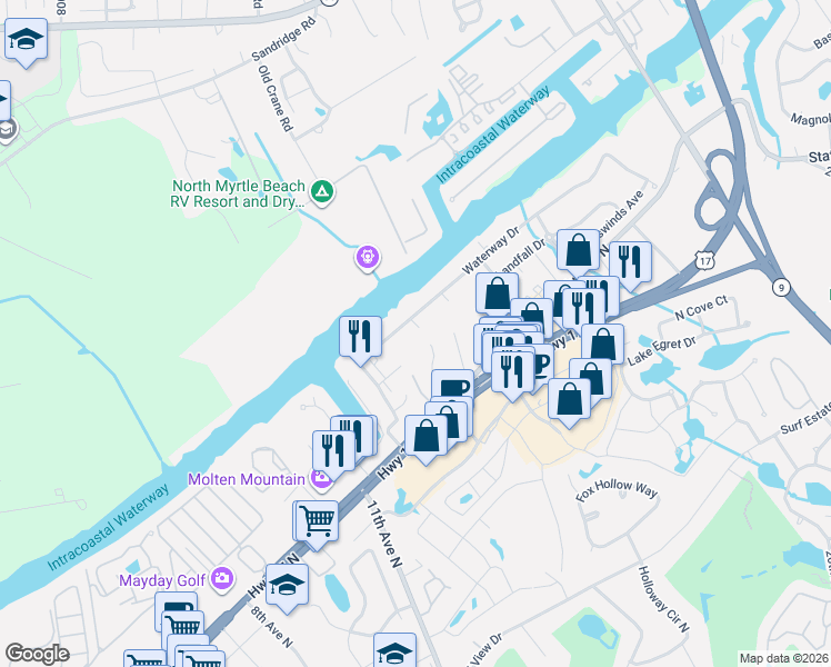 map of restaurants, bars, coffee shops, grocery stores, and more near 1332 Bellamy Road in North Myrtle Beach