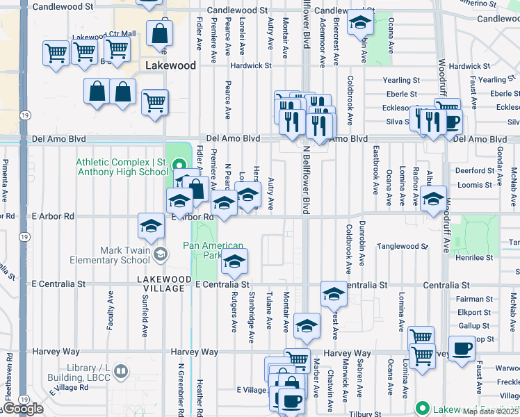 map of restaurants, bars, coffee shops, grocery stores, and more near 4712 Hersholt Avenue in Long Beach