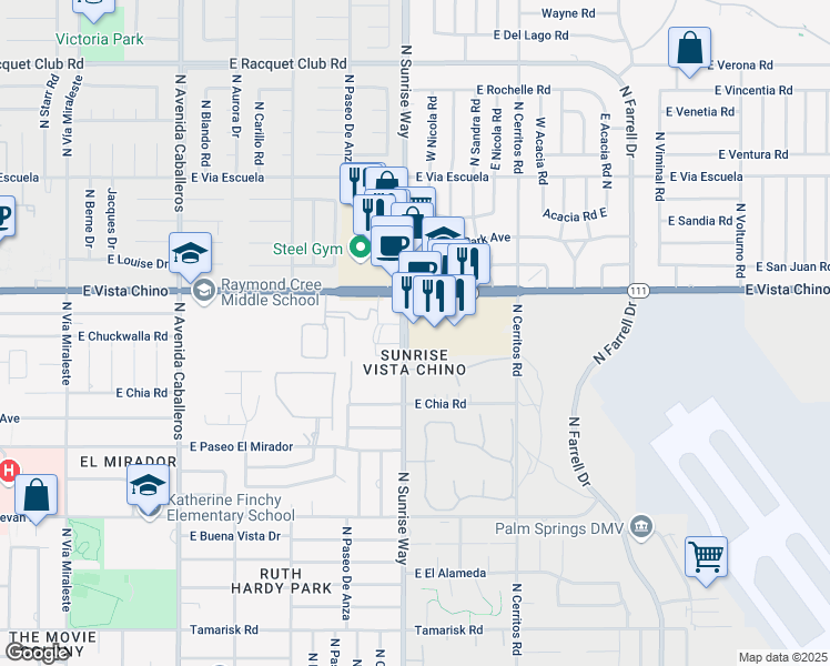map of restaurants, bars, coffee shops, grocery stores, and more near 1522-1560 North Sunrise Way in Palm Springs