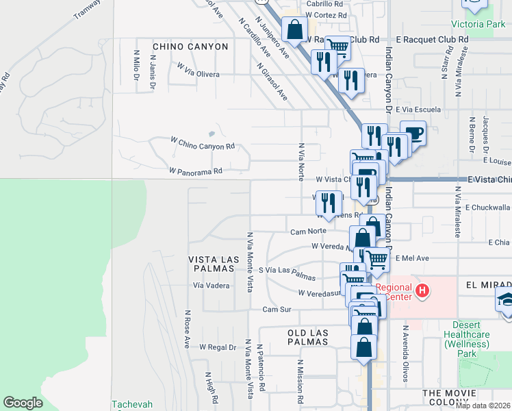 map of restaurants, bars, coffee shops, grocery stores, and more near 594 West Stevens Road in Palm Springs