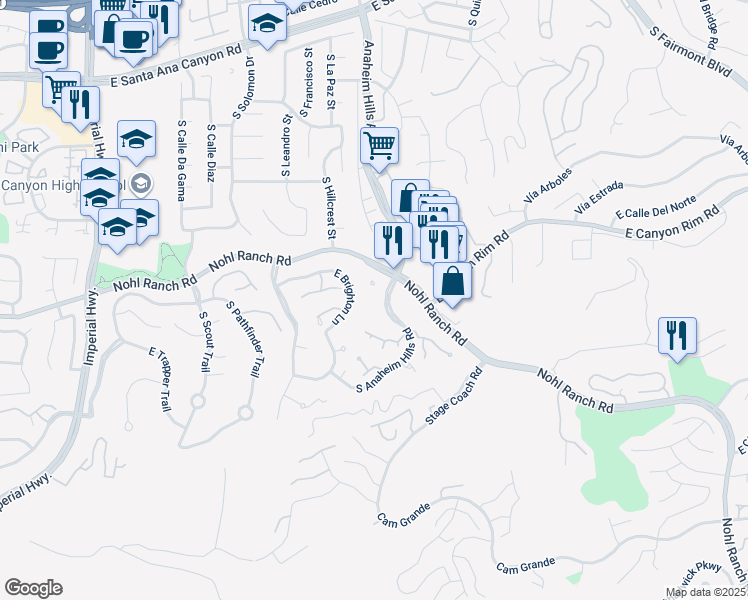 map of restaurants, bars, coffee shops, grocery stores, and more near 525 South Anaheim Hills Road in Anaheim