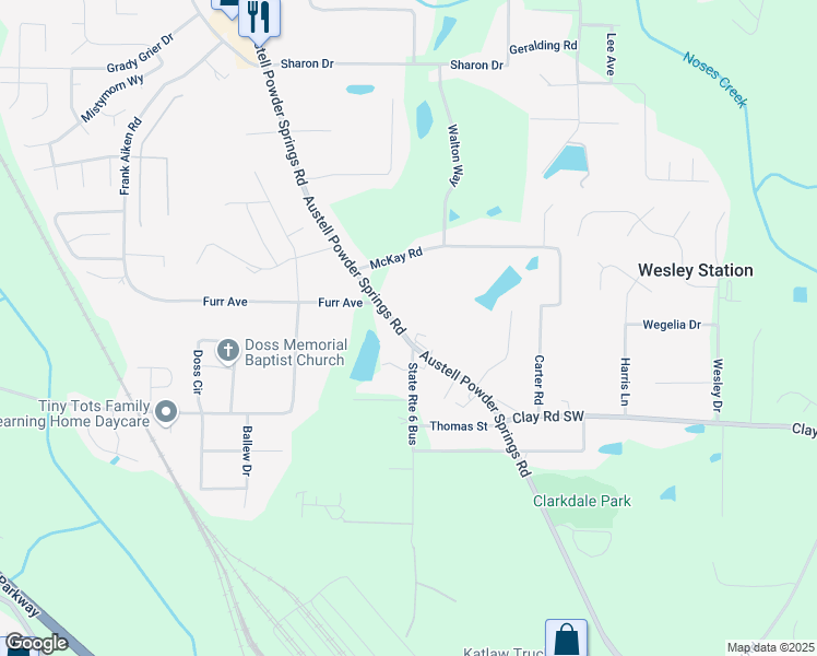 map of restaurants, bars, coffee shops, grocery stores, and more near 4539 Austell Powder Springs Road in Powder Springs