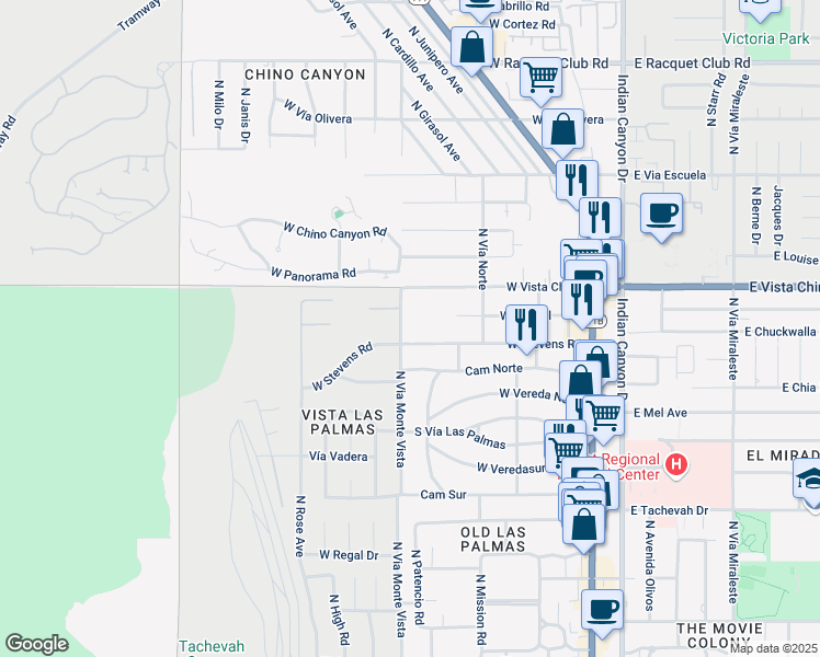 map of restaurants, bars, coffee shops, grocery stores, and more near 594 West Stevens Road in Palm Springs