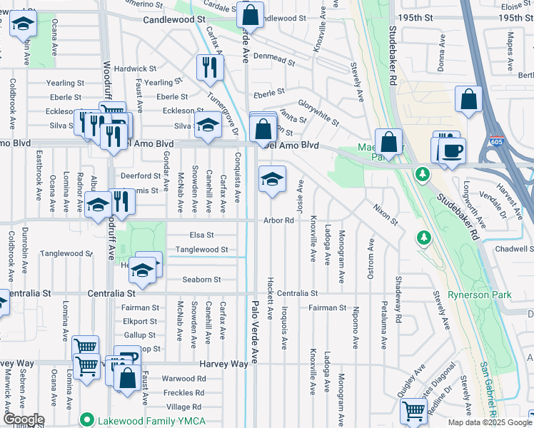 map of restaurants, bars, coffee shops, grocery stores, and more near 4709 Hackett Avenue in Lakewood