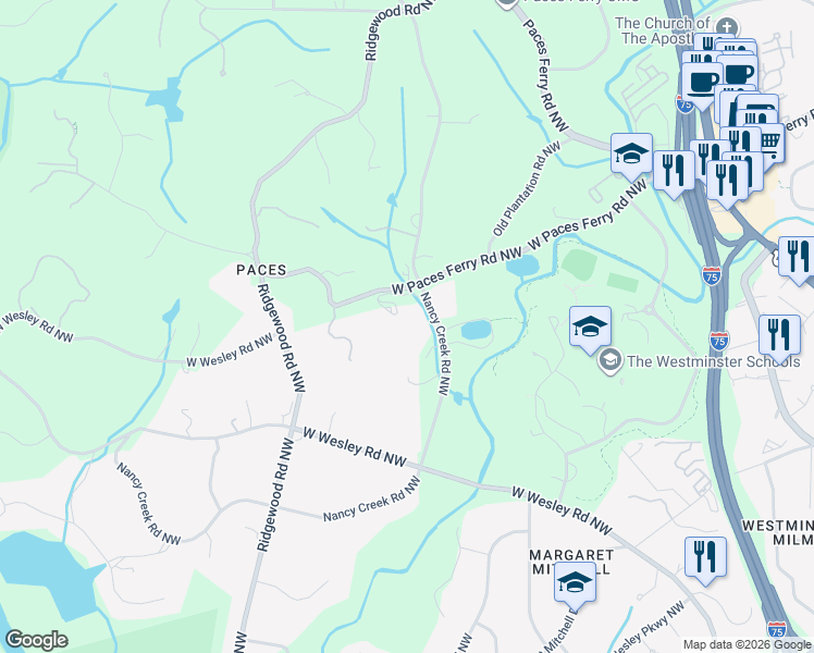 map of restaurants, bars, coffee shops, grocery stores, and more near 3218 Nancy Creek Road Northwest in Atlanta