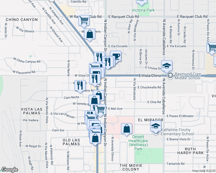 map of restaurants, bars, coffee shops, grocery stores, and more near 1480 North Indian Canyon Drive in Palm Springs
