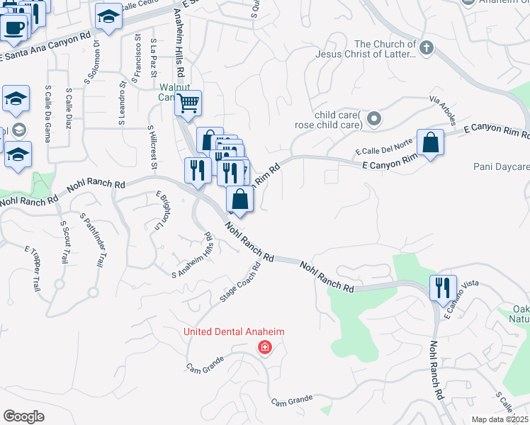 map of restaurants, bars, coffee shops, grocery stores, and more near 6200 East Canyon Rim Road in Anaheim