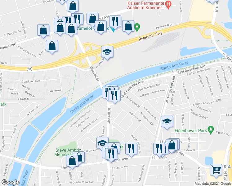 map of restaurants, bars, coffee shops, grocery stores, and more near 121 East Alderwood Avenue in Orange