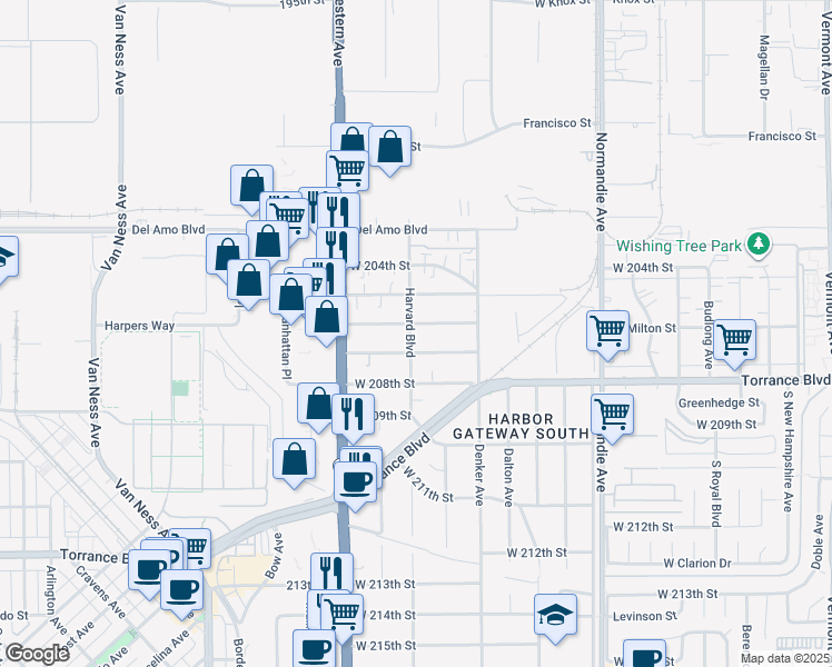 map of restaurants, bars, coffee shops, grocery stores, and more near 1575 West 207th Street in Torrance