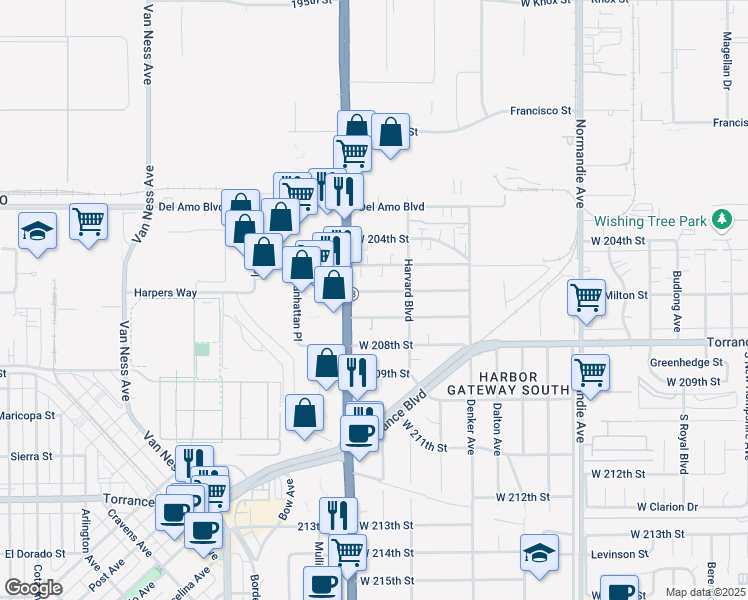 map of restaurants, bars, coffee shops, grocery stores, and more near 1639 West 207th Street in Torrance