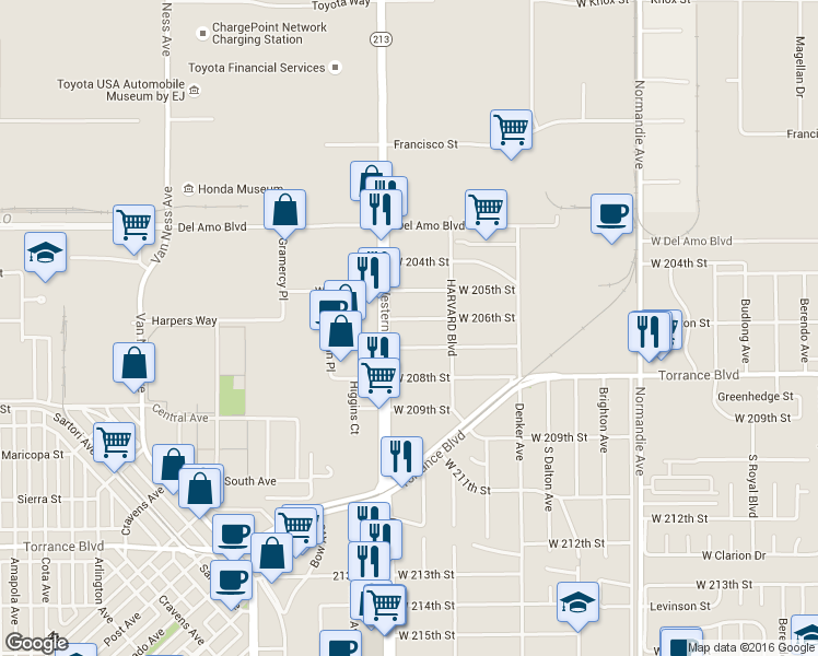map of restaurants, bars, coffee shops, grocery stores, and more near 1639 West 207th Street in Torrance