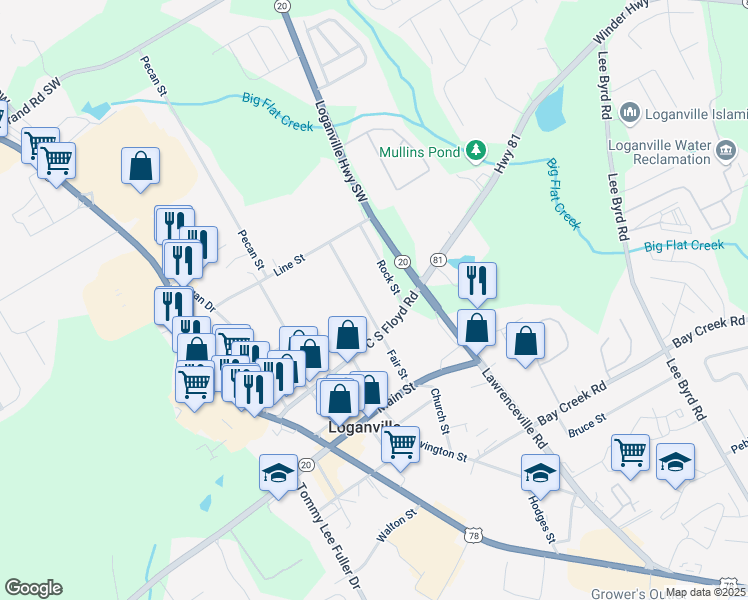 map of restaurants, bars, coffee shops, grocery stores, and more near 215 Fair Street in Loganville