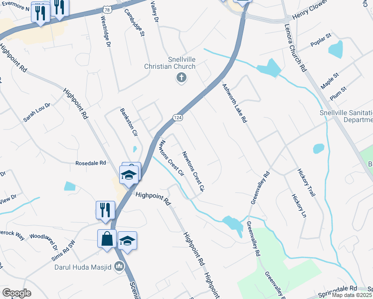 map of restaurants, bars, coffee shops, grocery stores, and more near 2853 Newtons Crest Circle in Snellville