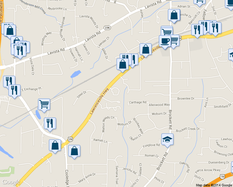 map of restaurants, bars, coffee shops, grocery stores, and more near 3555 Lawrenceville Highway in Tucker
