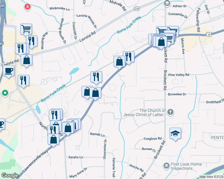 map of restaurants, bars, coffee shops, grocery stores, and more near 3555 Lawrenceville Highway in Tucker