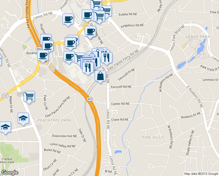 map of restaurants, bars, coffee shops, grocery stores, and more near 3200 Lenox Road Northeast in Atlanta