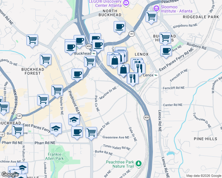 map of restaurants, bars, coffee shops, grocery stores, and more near 762 Martina Drive Northeast in Atlanta