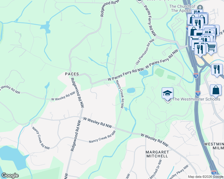 map of restaurants, bars, coffee shops, grocery stores, and more near 3218 Nancy Creek Road Northwest in Atlanta