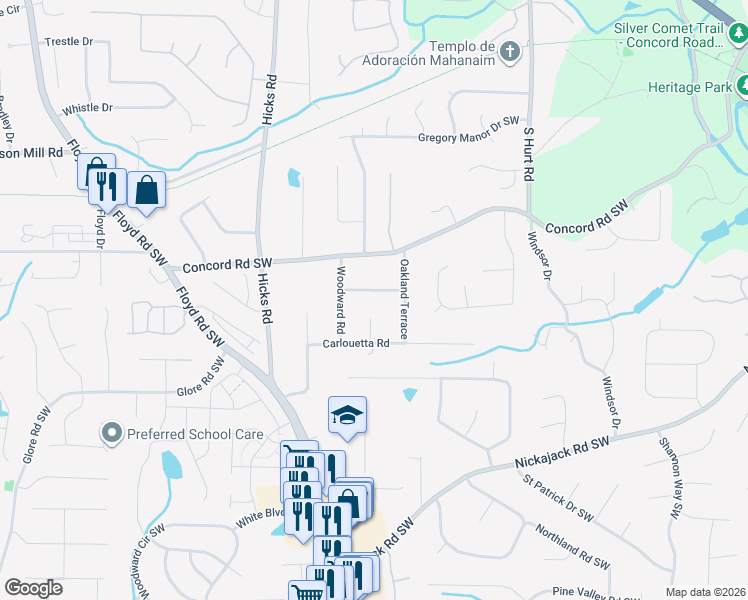 map of restaurants, bars, coffee shops, grocery stores, and more near 671 Manor Ridge Drive in Mableton