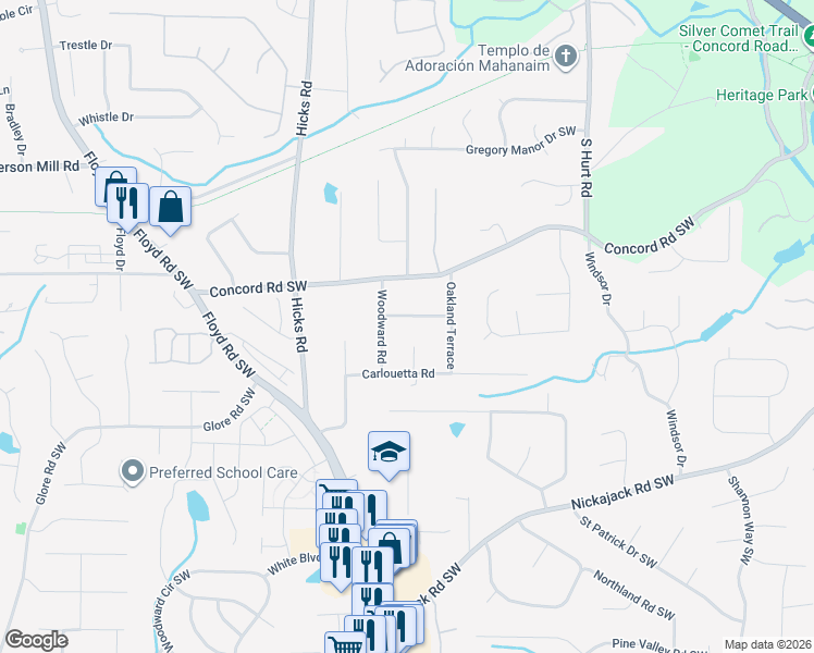 map of restaurants, bars, coffee shops, grocery stores, and more near 4590 Shamrock Place Southeast in Mableton