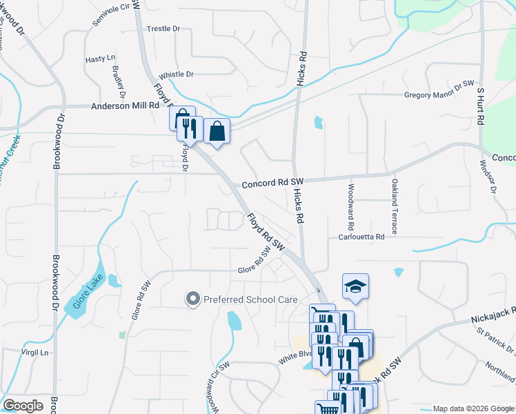 map of restaurants, bars, coffee shops, grocery stores, and more near 4525 Floyd Road Southwest in Mableton