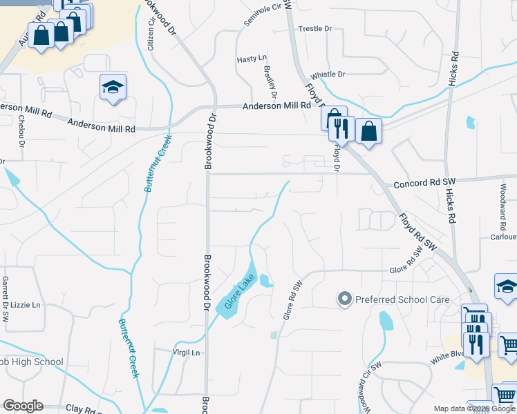 map of restaurants, bars, coffee shops, grocery stores, and more near 4507 Brookwood Drive in Mableton