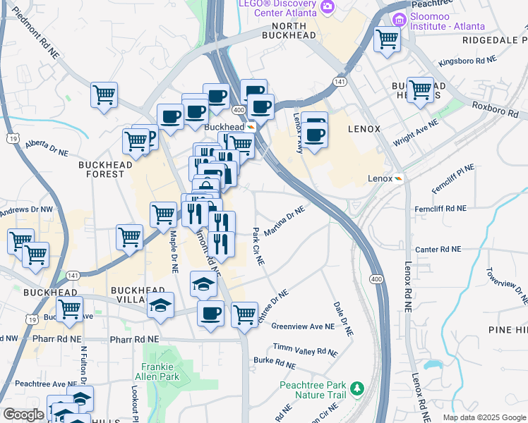 map of restaurants, bars, coffee shops, grocery stores, and more near 6 Arc Way Northeast in Atlanta