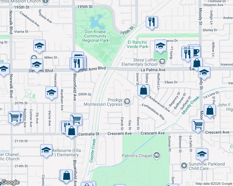 map of restaurants, bars, coffee shops, grocery stores, and more near 8172 Acacia Street in Cypress