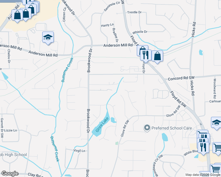 map of restaurants, bars, coffee shops, grocery stores, and more near 4507 Brookwood Drive in Mableton
