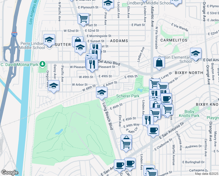 map of restaurants, bars, coffee shops, grocery stores, and more near 201 West 47th Street in Long Beach