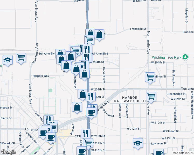 map of restaurants, bars, coffee shops, grocery stores, and more near 1639 West 207th Street in Torrance