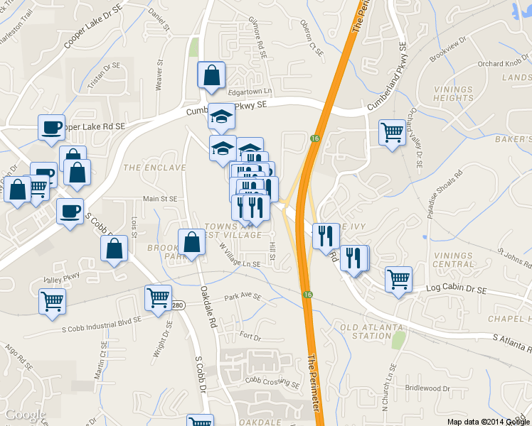 map of restaurants, bars, coffee shops, grocery stores, and more near 4571 Hill Street in Smyrna