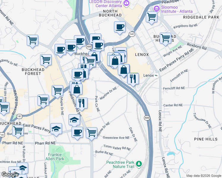 map of restaurants, bars, coffee shops, grocery stores, and more near 762 Martina Drive Northeast in Atlanta