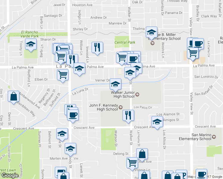 map of restaurants, bars, coffee shops, grocery stores, and more near 5342 La Luna Drive in La Palma