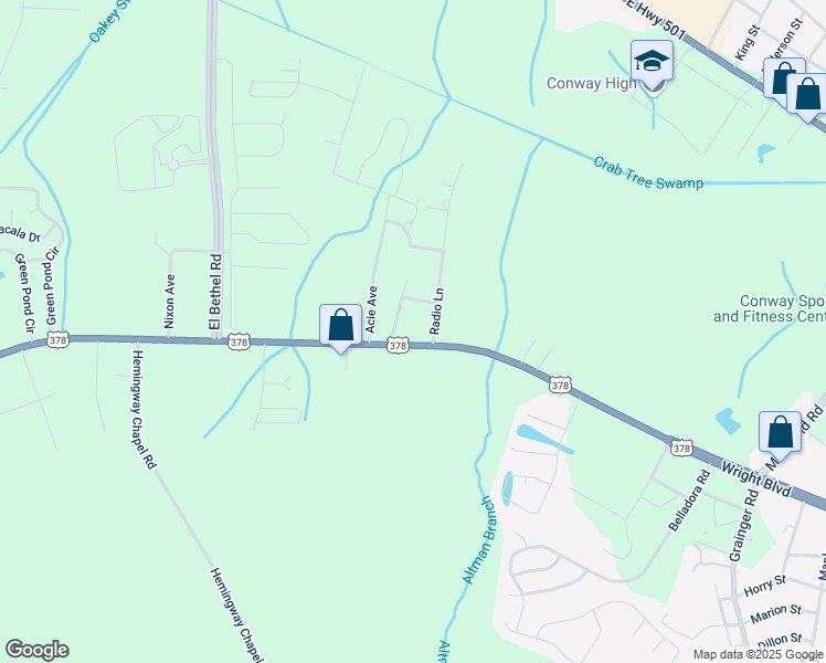 map of restaurants, bars, coffee shops, grocery stores, and more near 2208 U.S. 378 in Conway